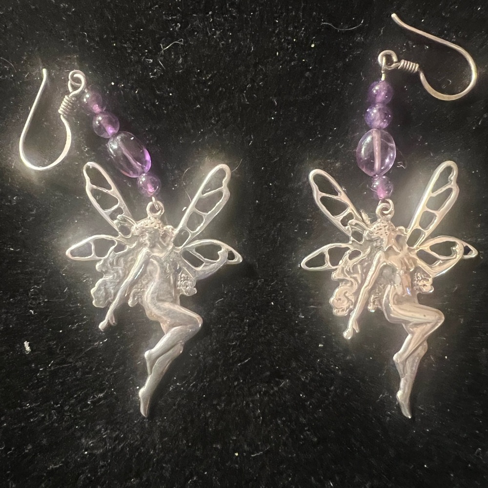 Vintage Sterling Silver Boma Amethyst Beads Fairies Earrings